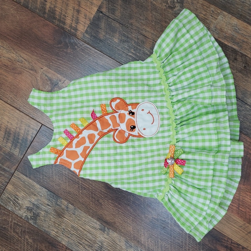 Nannette Green and White Gingham Giraffe Print Sleeveless Dress, Size 12M